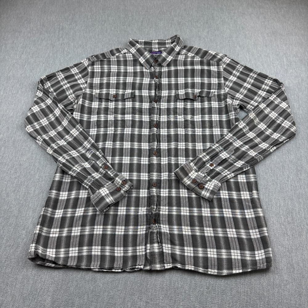 Patagonia Shirt Mens XL Black Gray Plaid Long-Sleeved‎ Steersman Organic Cotton